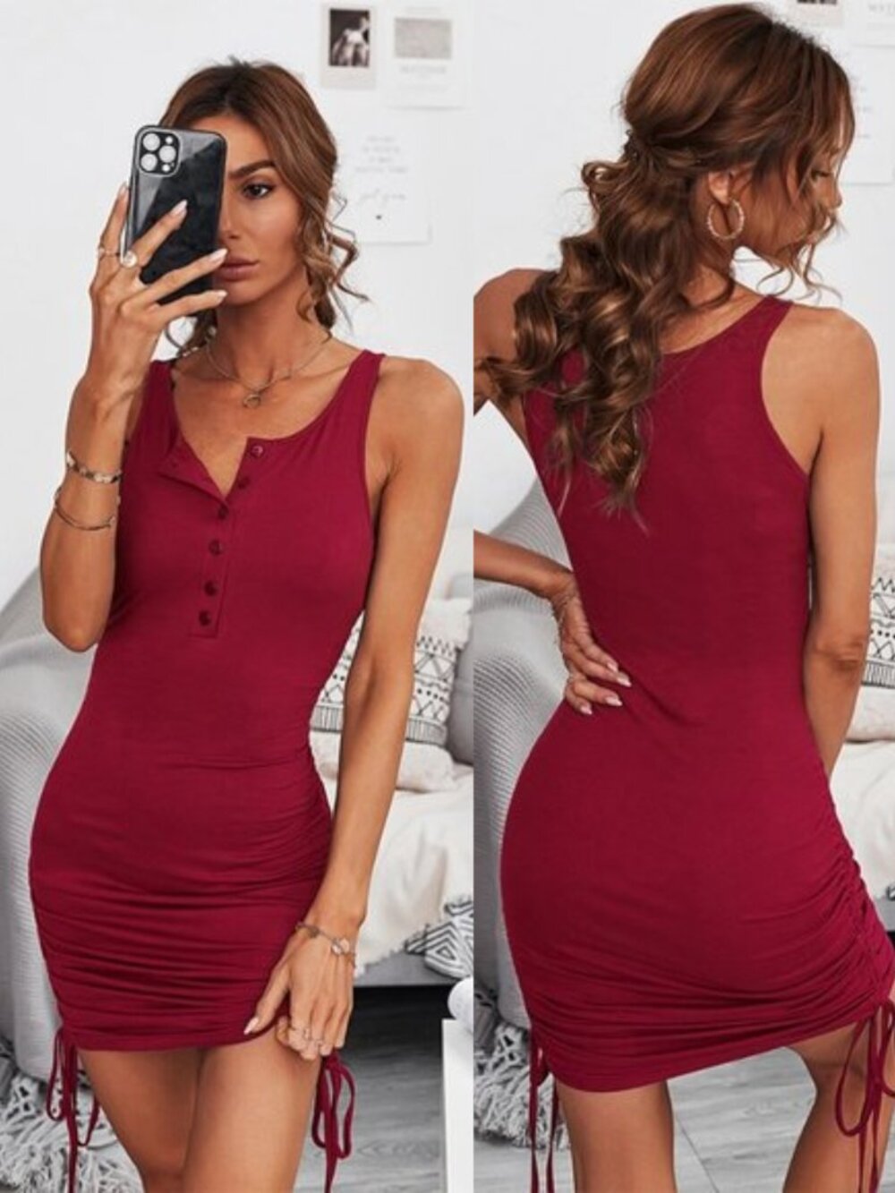 Ribbed Side Ruched Lace Up Mini Dress Wine Red